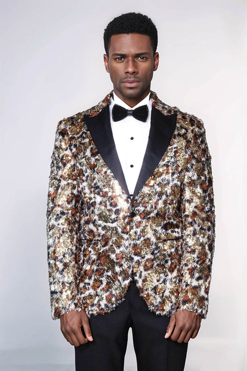 White and Gold Feather Patterned Men's Prom Jacket - Wessi
