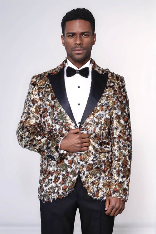 White and Gold Feather Patterned Men's Prom Jacket - Wessi