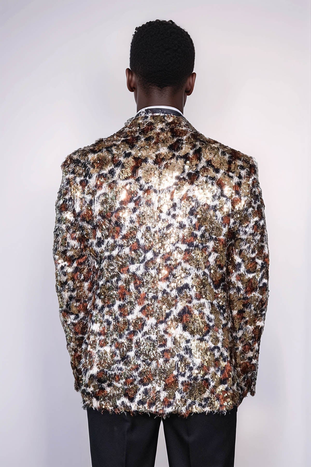 White and Gold Feather Patterned Men's Prom Jacket - Wessi