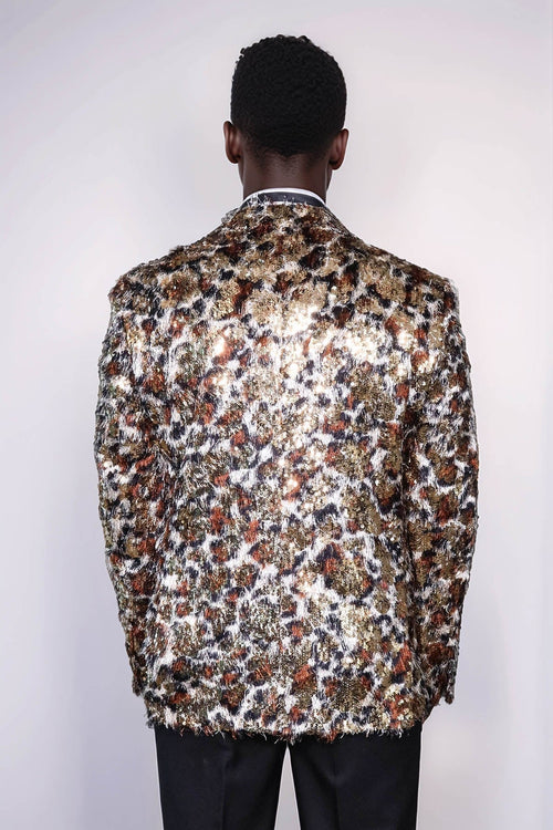 White and Gold Feather Patterned Men's Prom Jacket - Wessi