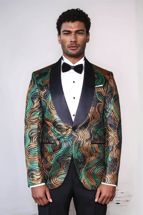 Gold-Green Patterned Over Black Men Prom Blazer - Wessi