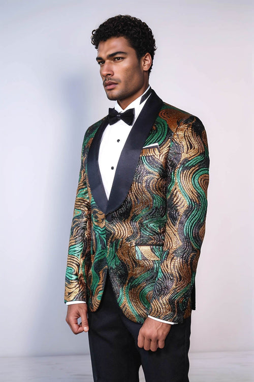 Gold-Green Patterned Over Black Men Prom Blazer - Wessi
