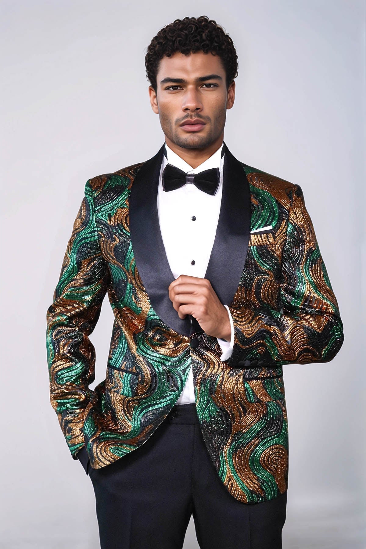 Gold-Green Patterned Over Black Men Prom Blazer - Wessi