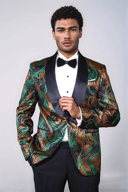 Gold-Green Patterned Over Black Men Prom Blazer - Wessi