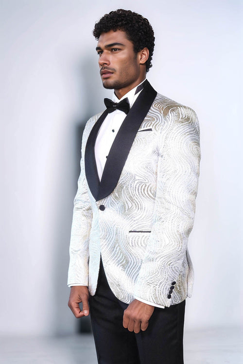 Gold Patterned Over White Men Prom Blazer - Wessi