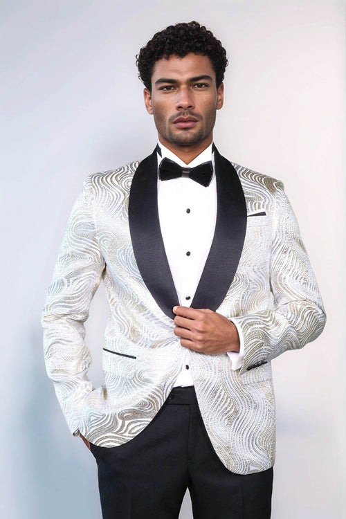 Gold Patterned Over White Men Prom Blazer - Wessi