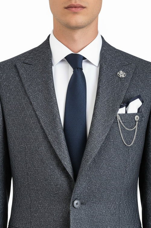 Wool Patterned Slim-Fit Navy Blue Men Blazer - Wessi