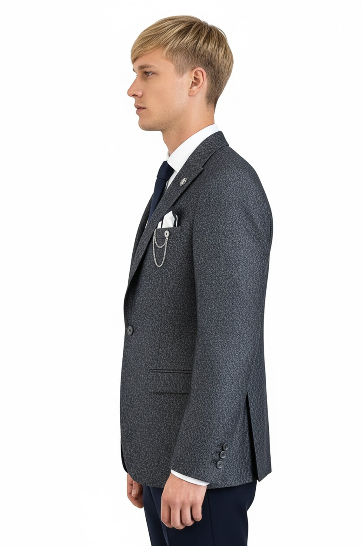 Wool Patterned Slim-Fit Navy Blue Men Blazer - Wessi