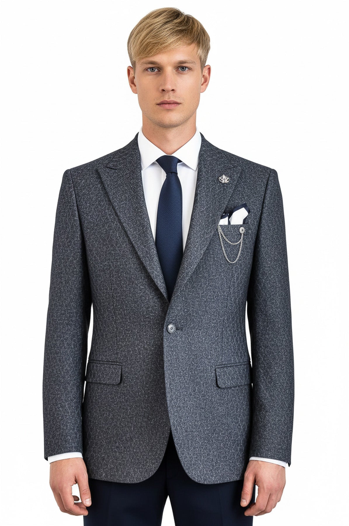 Wool Patterned Slim-Fit Navy Blue Men Blazer - Wessi