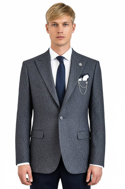 Wool Patterned Slim-Fit Navy Blue Men Blazer - Wessi
