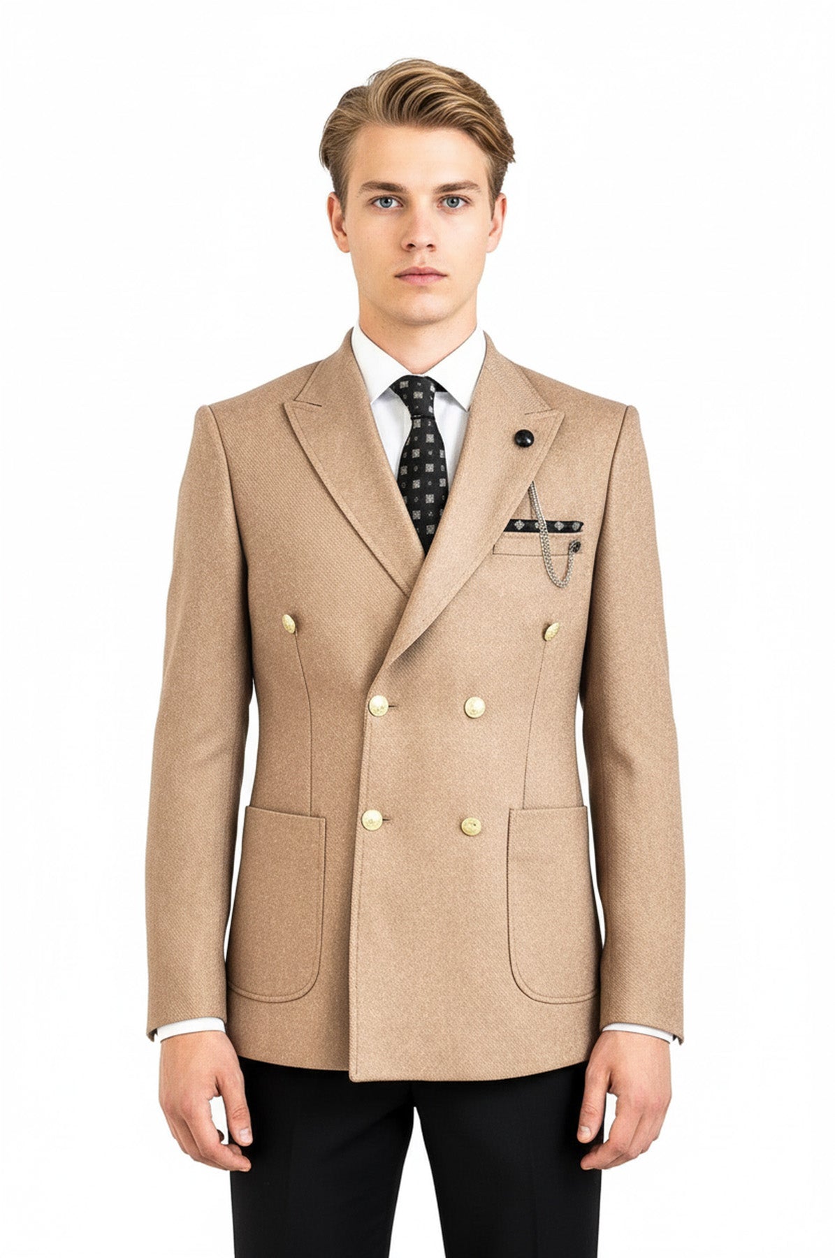Double Breasted Slim Fit Cream Men Blazer - Wessi