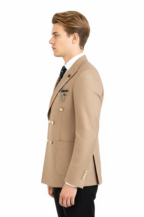 Double Breasted Slim Fit Cream Men Blazer - Wessi
