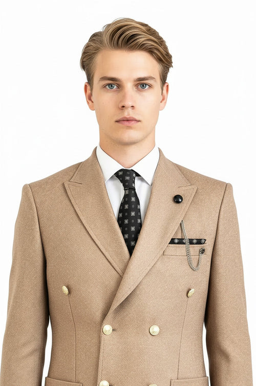 Double Breasted Slim Fit Cream Men Blazer - Wessi
