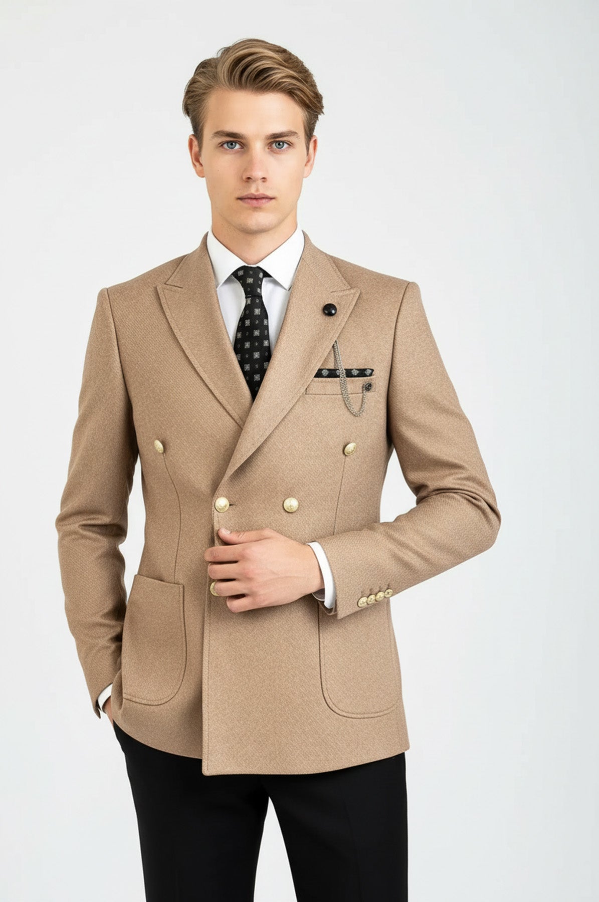 Double Breasted Slim Fit Cream Men Blazer - Wessi