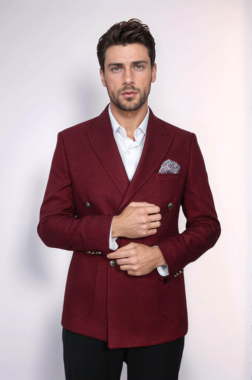 Double Breasted Slim Fit Burgundy Men Blazer - Wessi