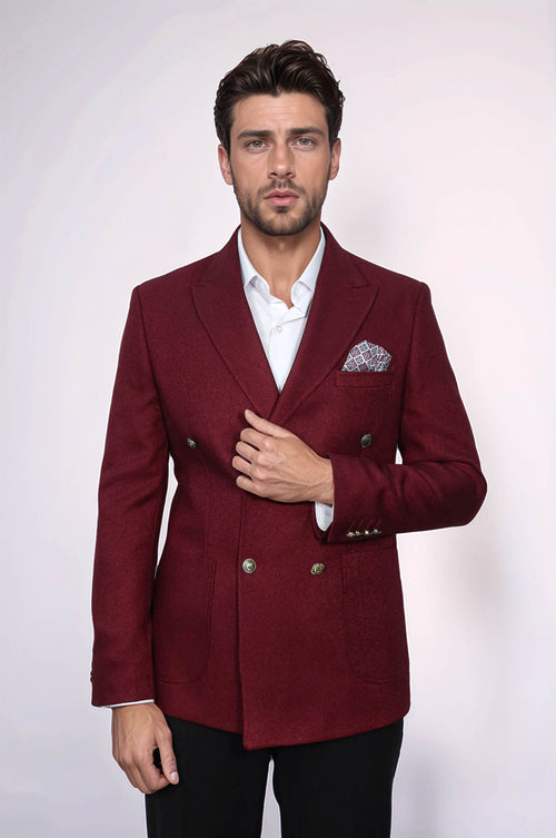 Double Breasted Slim Fit Burgundy Men Blazer - Wessi