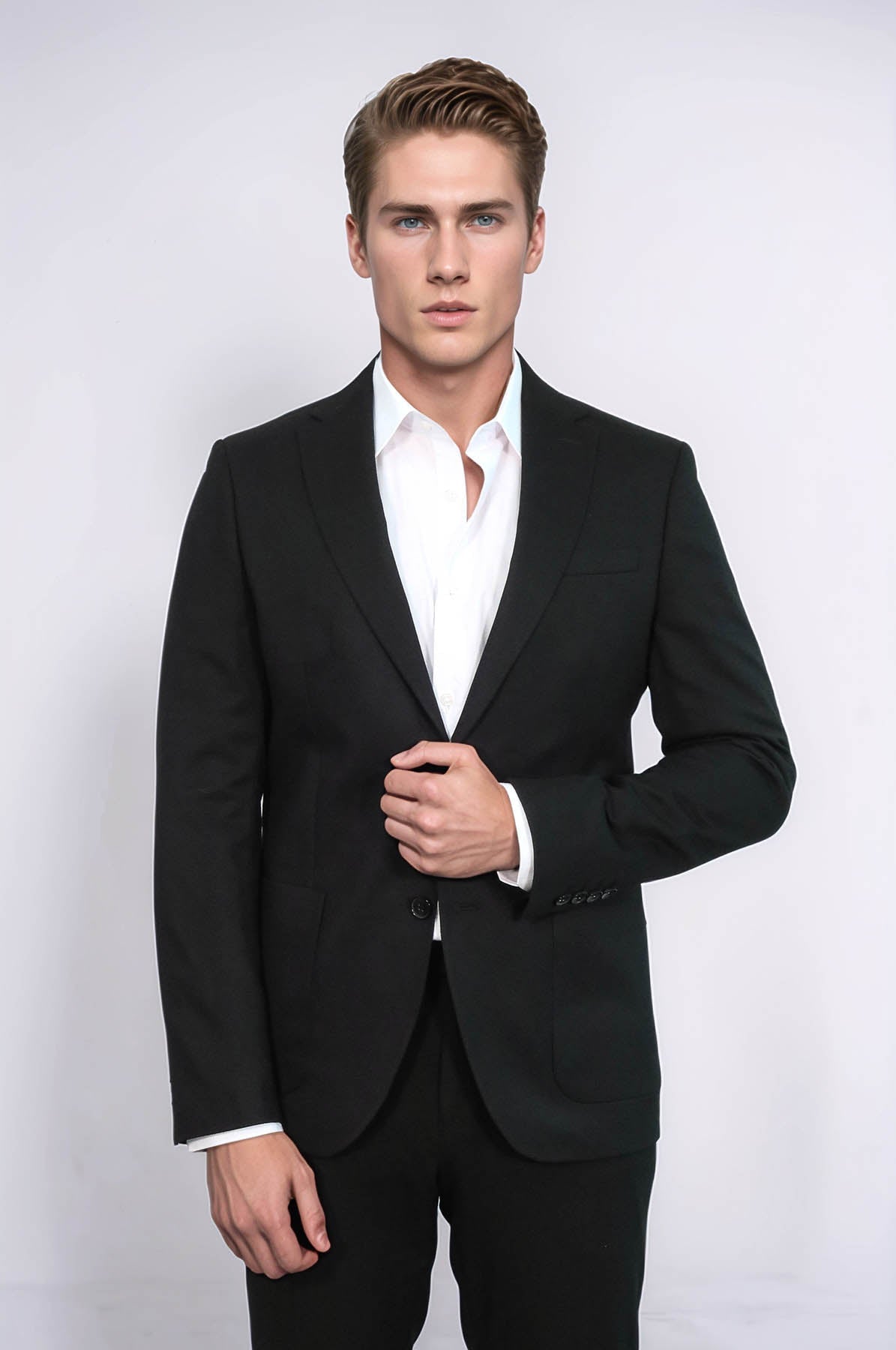 Textured Slim Fit Peak Lapel Black Men Blazer - Wessi