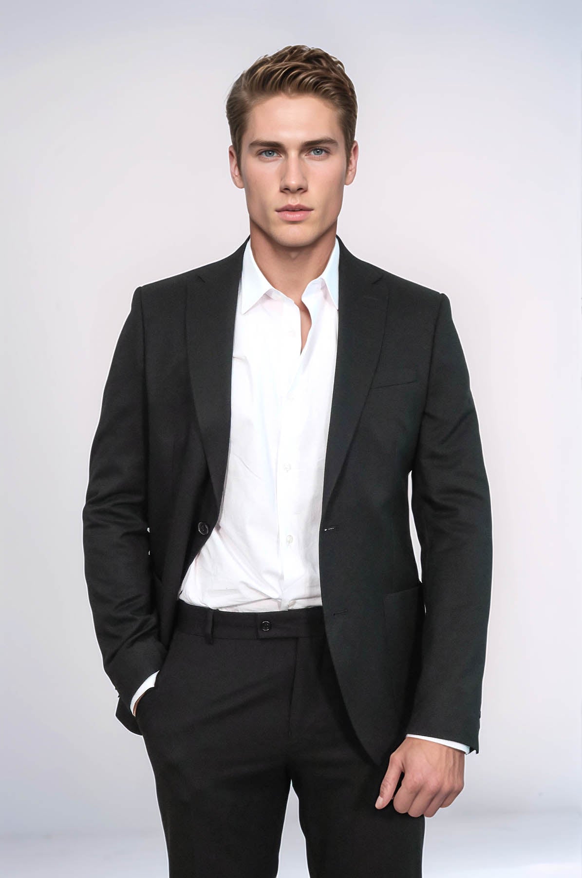Textured Slim Fit Peak Lapel Black Men Blazer - Wessi