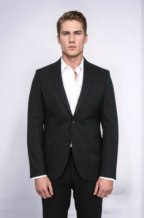 Textured Slim Fit Peak Lapel Black Men Blazer - Wessi