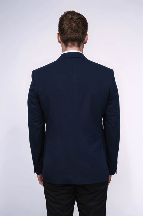 Textured Slim Fit Peak Lapel Navy Blue Men Blazer - Wessi