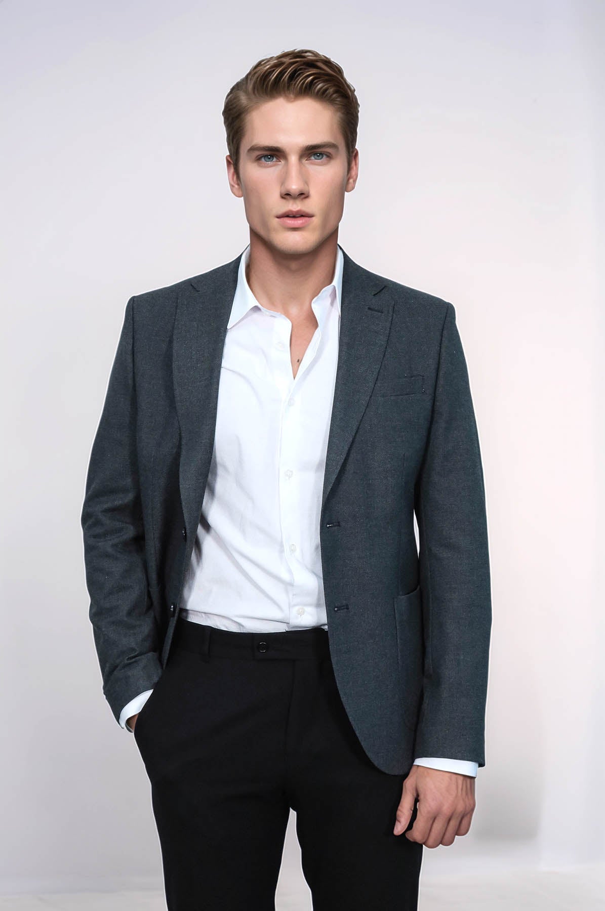 Textured Slim Fit Peak Lapel Grey Men Blazer - Wessi