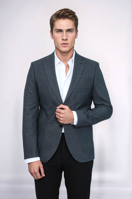 Textured Slim Fit Peak Lapel Grey Men Blazer - Wessi