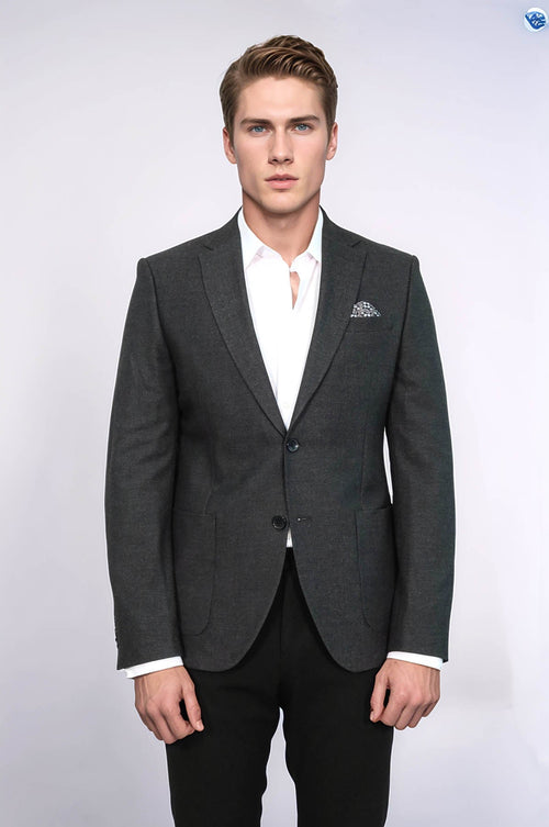 Textured Slim Fit Peak Lapel Anthracite Men Blazer - Wessi