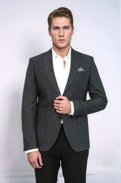 Textured Slim Fit Peak Lapel Anthracite Men Blazer - Wessi