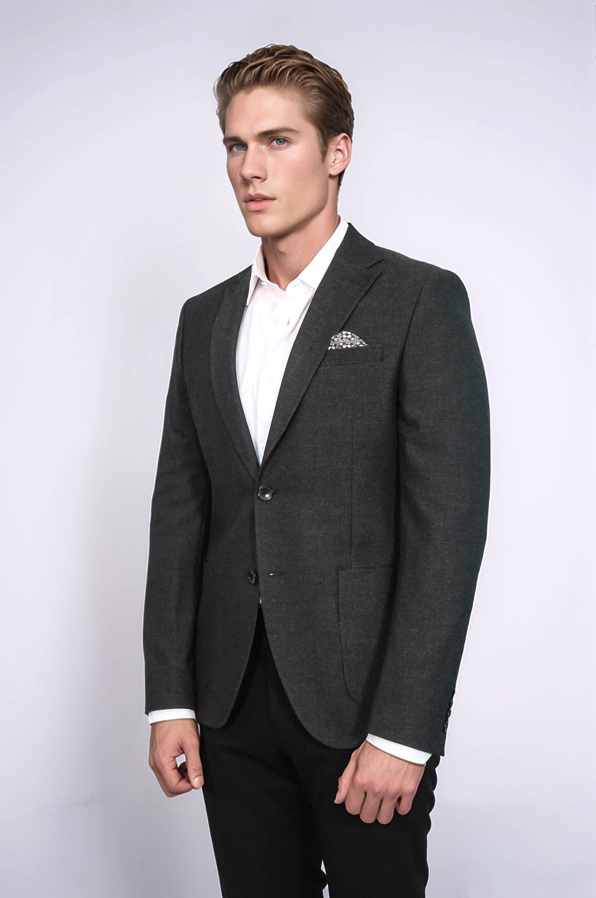 Textured Slim Fit Peak Lapel Anthracite Men Blazer - Wessi