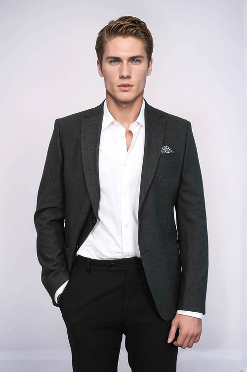 Textured Slim Fit Peak Lapel Anthracite Men Blazer - Wessi