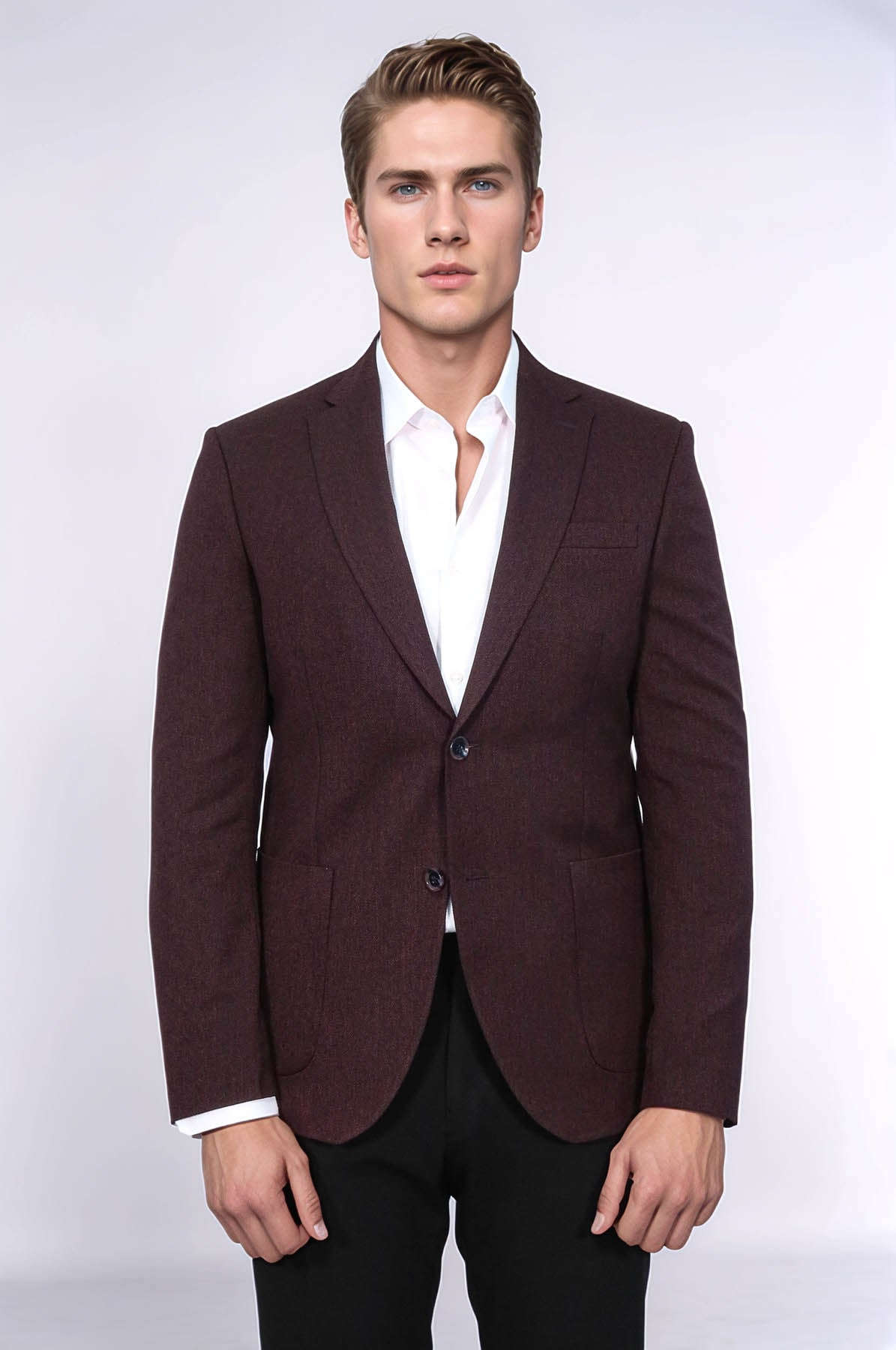 Textured Slim Fit Peak Lapel Burgundy Men Blazer - Wessi