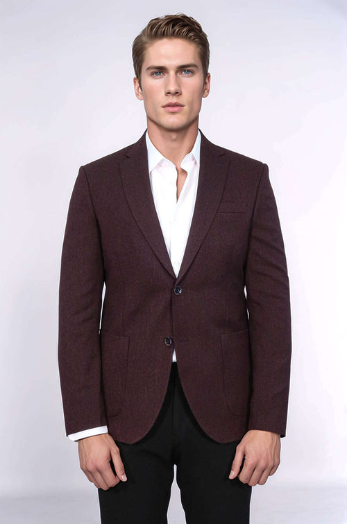 Textured Slim Fit Peak Lapel Burgundy Men Blazer - Wessi