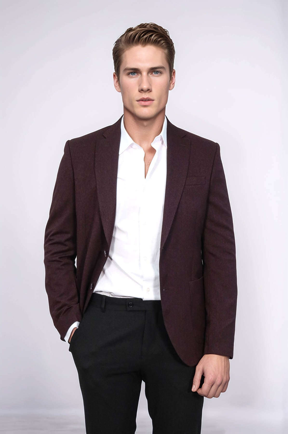 Textured Slim Fit Peak Lapel Burgundy Men Blazer - Wessi