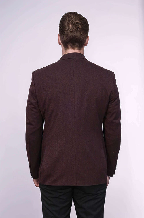 Textured Slim Fit Peak Lapel Burgundy Men Blazer - Wessi