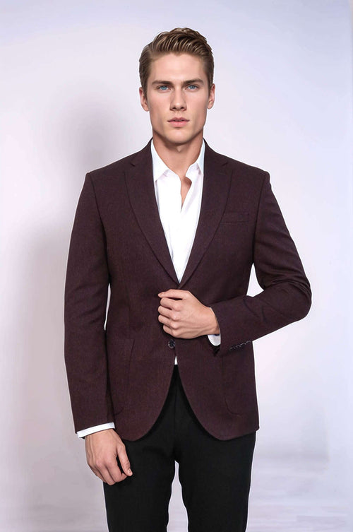 Textured Slim Fit Peak Lapel Burgundy Men Blazer - Wessi