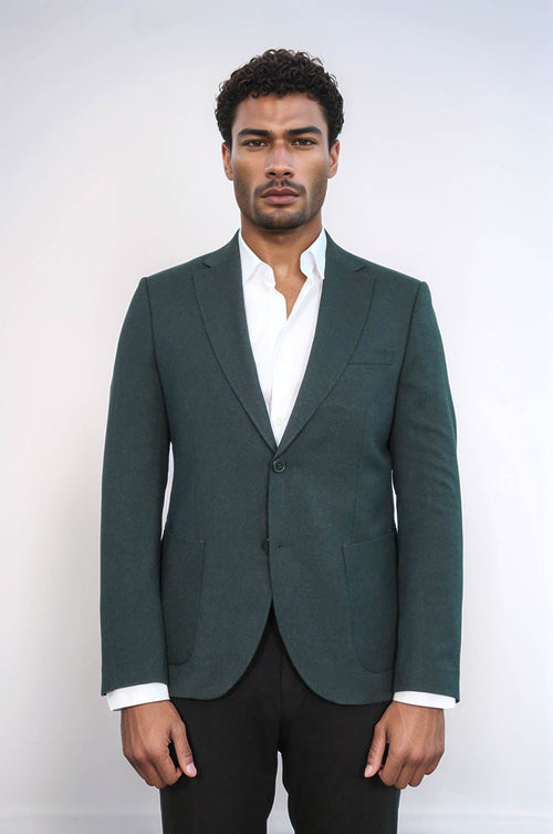 Textured Slim Fit Peak Lapel Green Men Blazer - Wessi