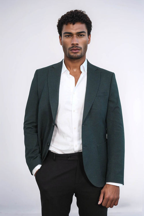 Textured Slim Fit Peak Lapel Green Men Blazer - Wessi