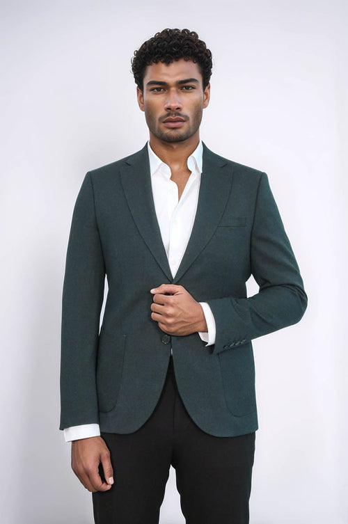 Textured Slim Fit Peak Lapel Green Men Blazer - Wessi