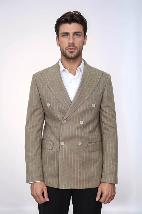 Striped Double Breasted Light Brown Men Blazer - Wessi