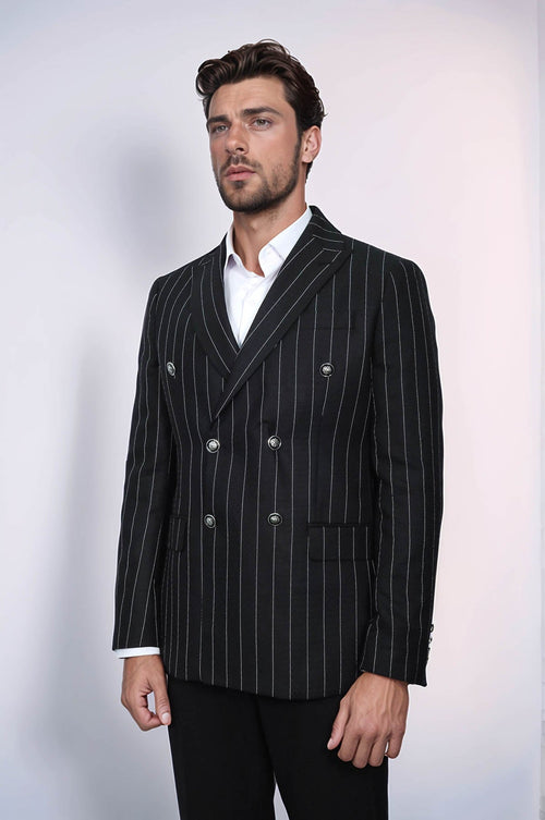 Double Breasted Slim Fit Striped Black Men Blazer - Wessi