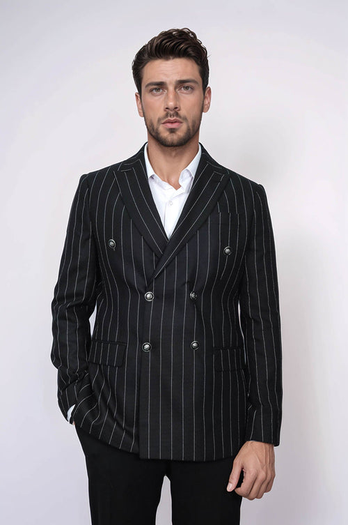 Double Breasted Slim Fit Striped Black Men Blazer - Wessi