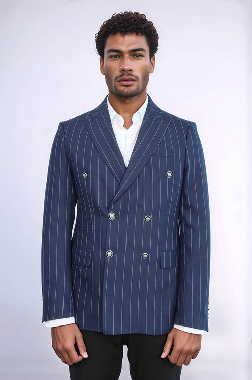 Double Breasted Slim Fit Striped Navy Blue Men Blazer - Wessi
