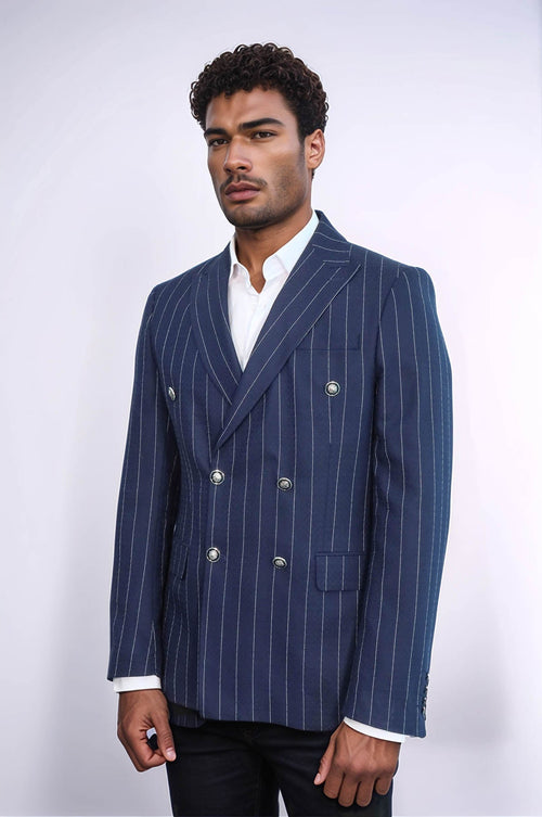 Double Breasted Slim Fit Striped Navy Blue Men Blazer - Wessi