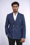 Double Breasted Slim Fit Striped Navy Blue Men Blazer - Wessi