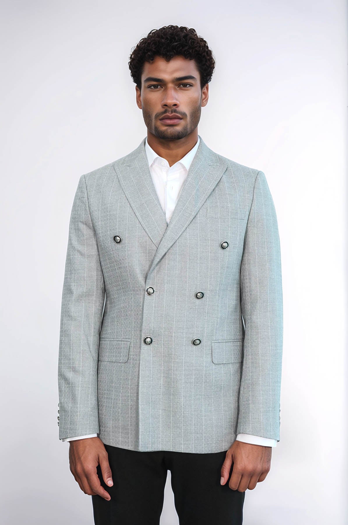 Double Breasted Slim Fit Striped Grey Men Blazer - Wessi