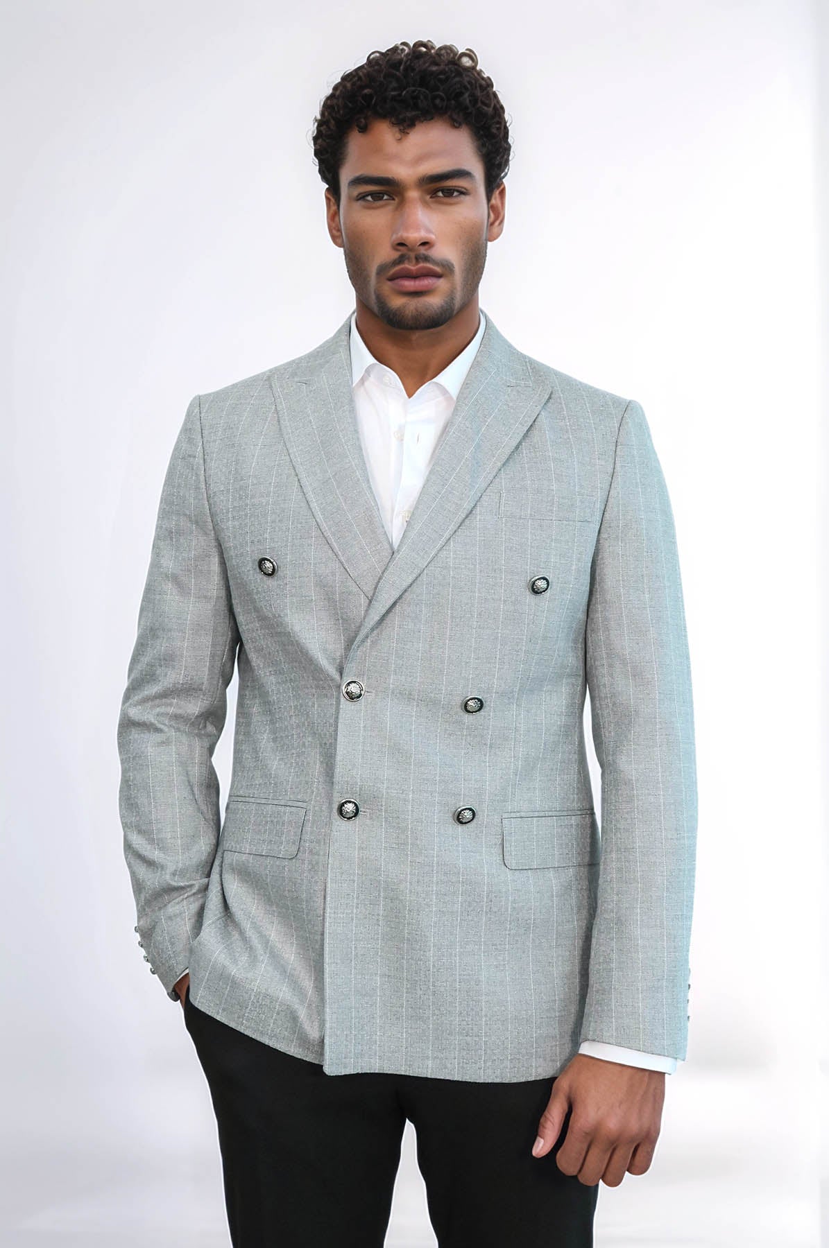 Double Breasted Slim Fit Striped Grey Men Blazer - Wessi