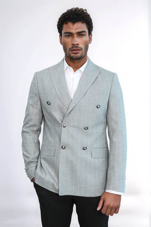 Double Breasted Slim Fit Striped Grey Men Blazer - Wessi