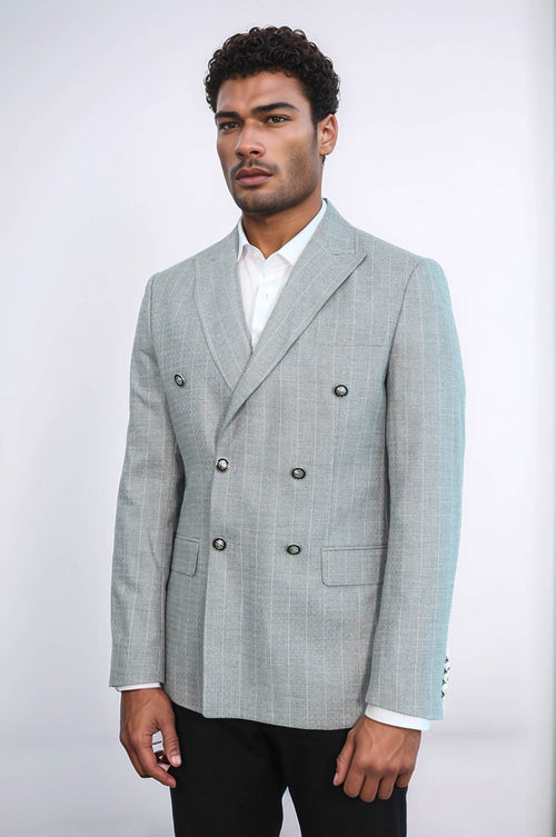 Double Breasted Slim Fit Striped Grey Men Blazer - Wessi