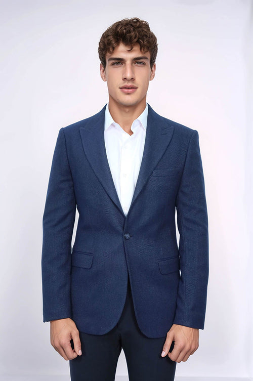 Slim Fit Patterned Dark Blue Men Blazer - Wessi