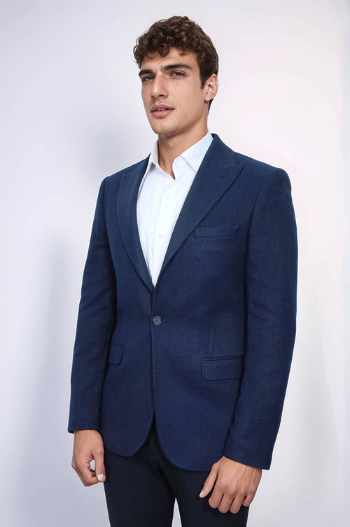Slim Fit Patterned Dark Blue Men Blazer - Wessi